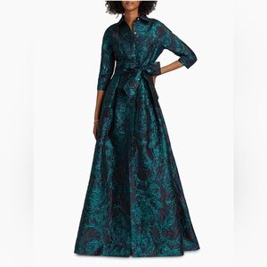 Teri Jon Green Buttoned Gown with Cuffed Sleeves